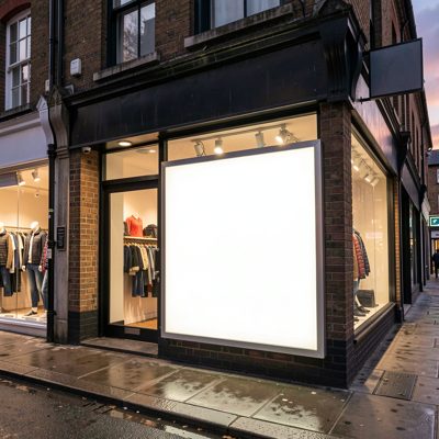 a high street shopfront at dusk with an unlit blank sign, blank empty sign board, no text, no lettering, no logo