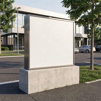 a business park unit entrance with a blank sign plinth, blank empty sign board, no text, no lettering, no logo