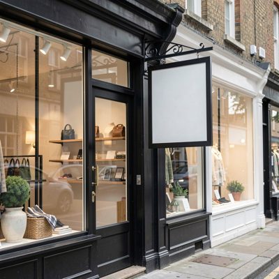 a boutique storefront with an empty hanging sign, blank empty sign board, no text, no lettering, no logo
