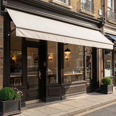 a restaurant frontage with a blank awning valance, blank empty sign board, no text, no lettering, no logo