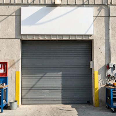 a garage workshop frontage with an empty sign above the roller door, blank empty sign board, no text, no lettering, no logo