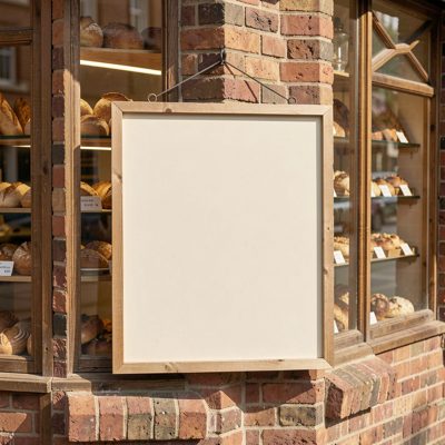 a bakery style shopfront with an empty wooden sign board, blank empty sign board, no text, no lettering, no logo