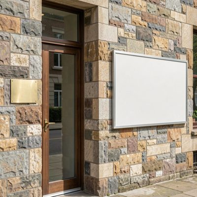 a stone fronted office with a blank brass plaque by the entrance, blank empty sign board, no text, no lettering, no logo