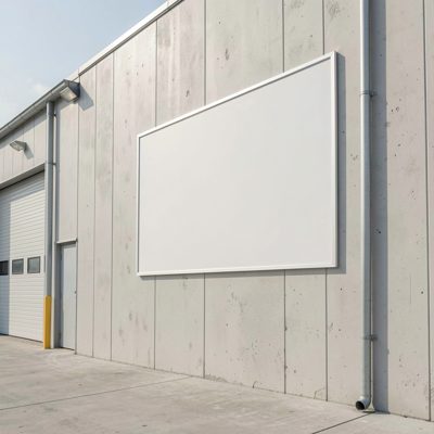 a light industrial unit with a blank sign on the wall, blank empty sign board, no text, no lettering, no logo