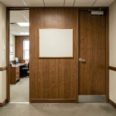 a mid century office entrance with an empty lettering panel, blank empty sign board, no text, no lettering, no logo