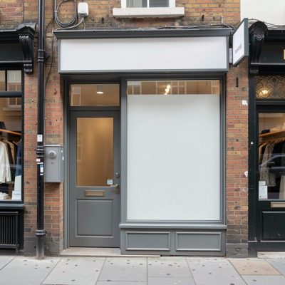 a narrow city shopfront with a blank sign and a recessed door, blank empty sign board, no text, no lettering, no logo