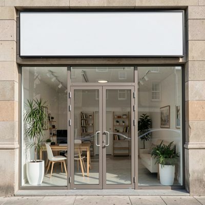 a glass fronted studio with a blank sign above the entrance, blank empty sign board, no text, no lettering, no logo
