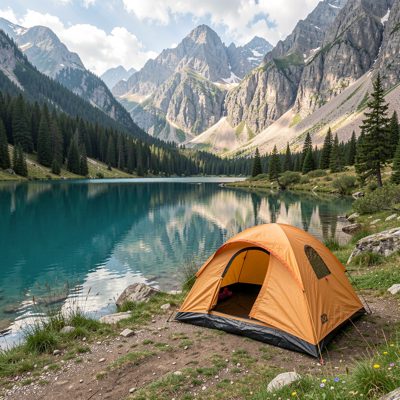 a tent pitched beside a mountain lake