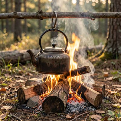 a campfire with a kettle hanging over it