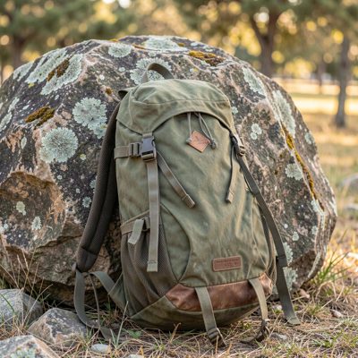 a rucksack leaning against a boulder