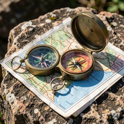 a map and compass on a rock