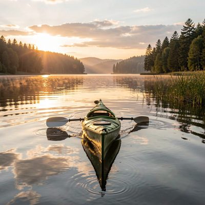 a kayak on a still lake at dawn