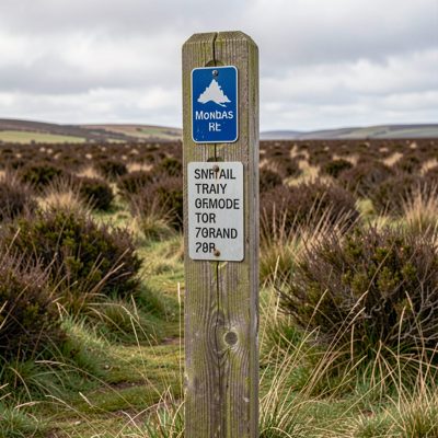 a trail marker post on a moor