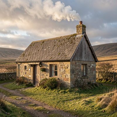 a bothy with smoke rising from the chimney