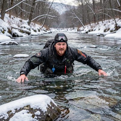 a wild swimmer entering a cold river
