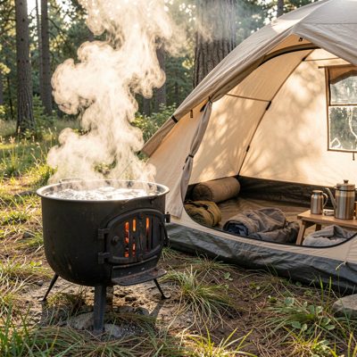 a stove boiling water beside a tent