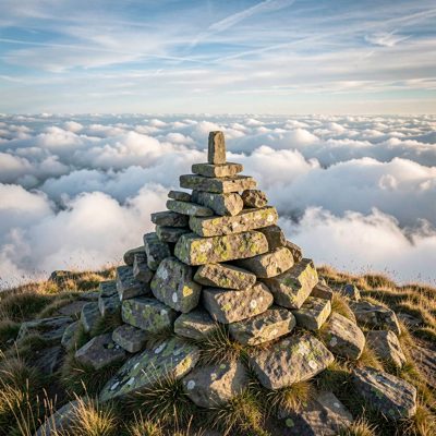 a summit cairn with cloud below