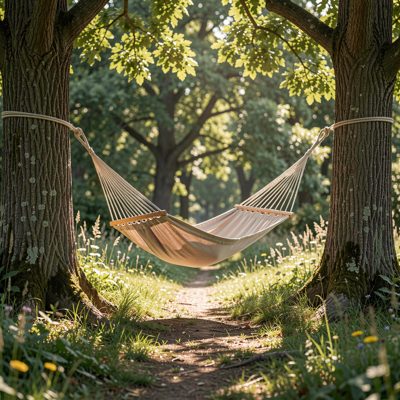 a hammock strung between two trees