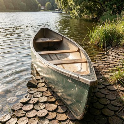 a canoe pulled up on a shingle bank