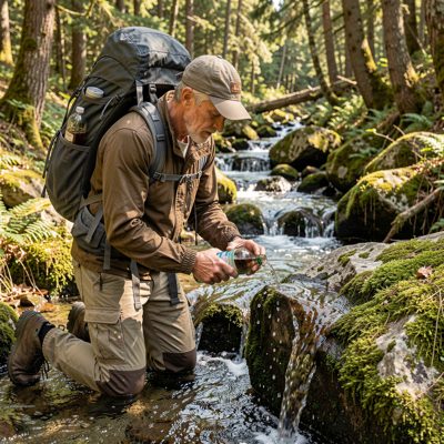 a hiker filling a bottle from a stream