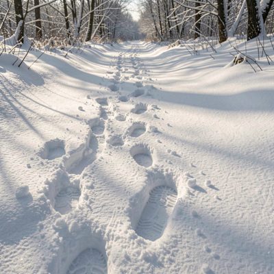 a snow covered path with boot prints