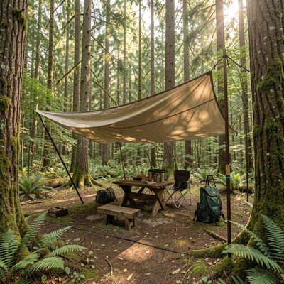 a forest camp with a tarp shelter