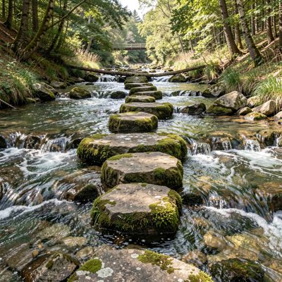 a river crossing on stepping stones
