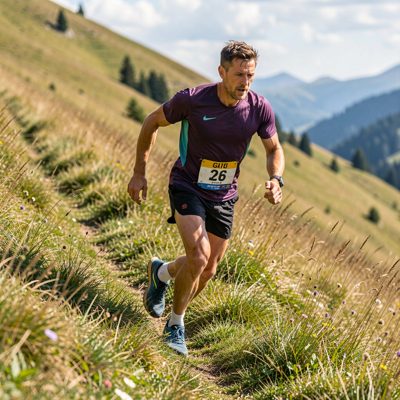 a fell runner descending a grassy slope