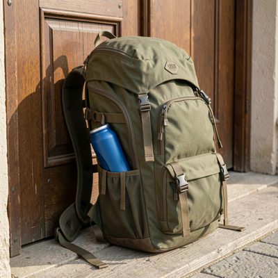 a rucksack packed and ready by a door