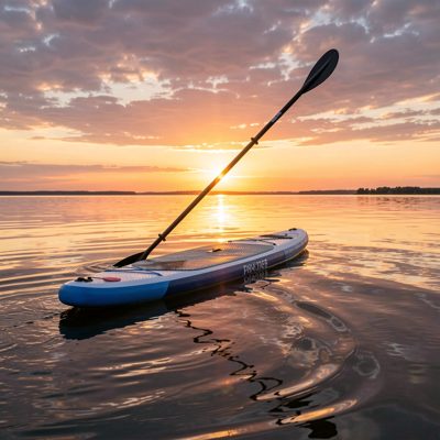 a paddleboard on flat water at sunset