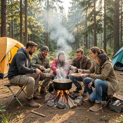 a group cooking together at a campsite