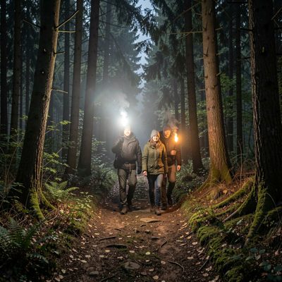 a torchlit walk through a woodland path