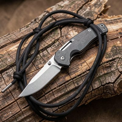 a folding knife and cord on a log