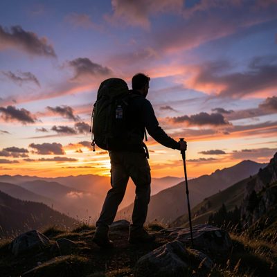 a hiker silhouetted against evening sky