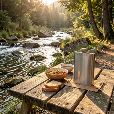 a stream side lunch stop with a flask