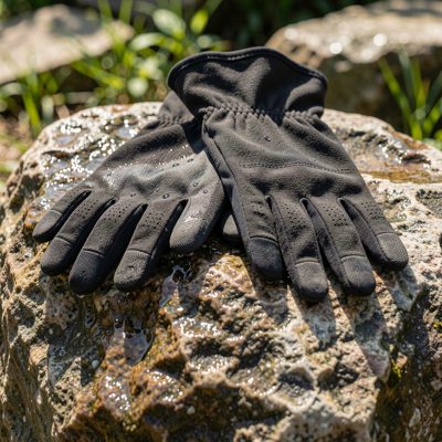 a pair of gloves drying on a rock