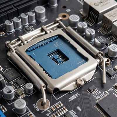 a motherboard cpu socket with the retention arm open