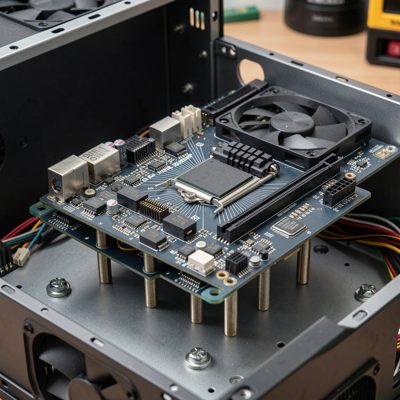 a motherboard being lowered into a case on standoffs