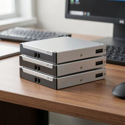 a stack of three 3.5 inch hard drives on a desk