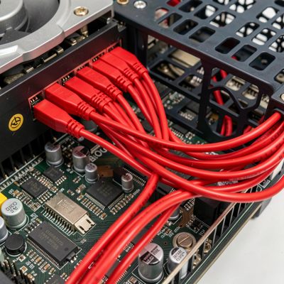 red sata cables running from a motherboard to a drive cage