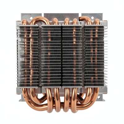 a graphics card cooler with heatpipes visible through the fins, no logos, no text, no branding
