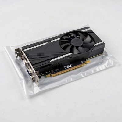 a graphics card resting on its antistatic bag, no logos, no text, no branding
