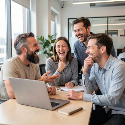 a small team laughing together in an office