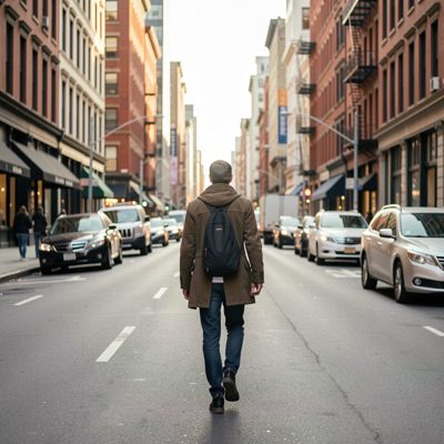 a person walking through a city street in soft light