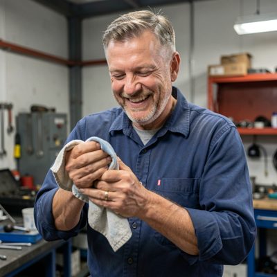 a mechanic wiping hands on a rag and smiling