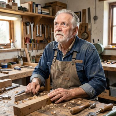 an older craftsman at a workbench looking up