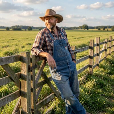 a farmer leaning on a gate in a field
