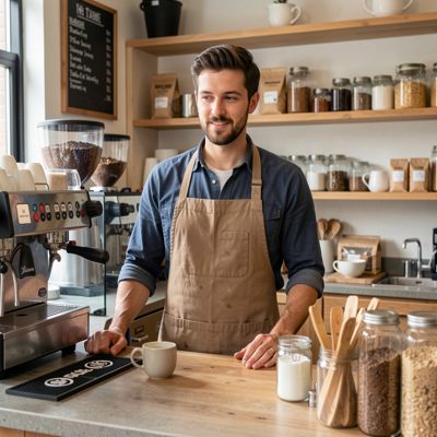 a barista behind the counter in an apron