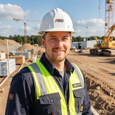 a builder in a hard hat on a site