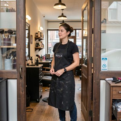 a hairdresser standing in a salon doorway